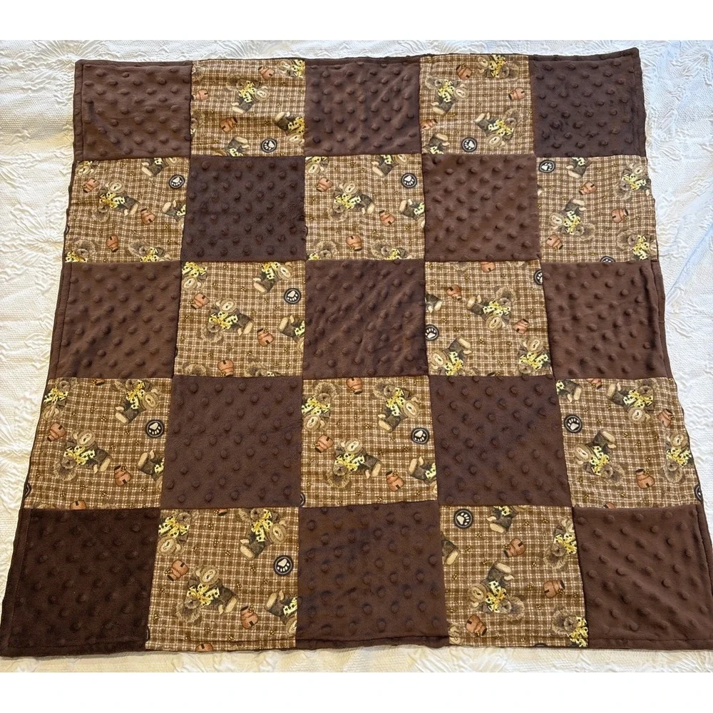 Vintage‎ Patchwork Quilt Table Topper, Four Patch Squares Bears Brown 2 Blankets